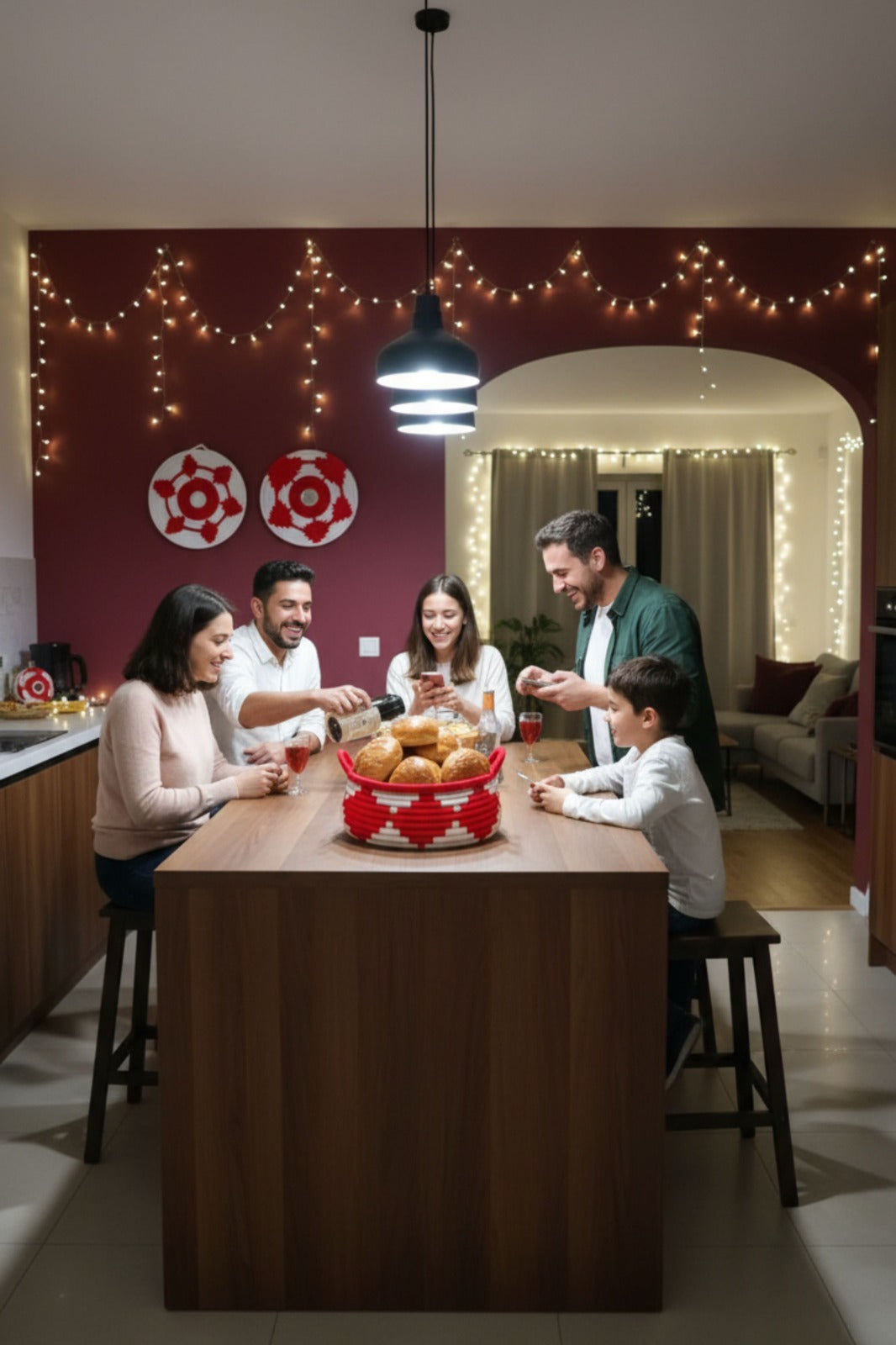 Handwoven palm red and white tribal basket with 2 hangings