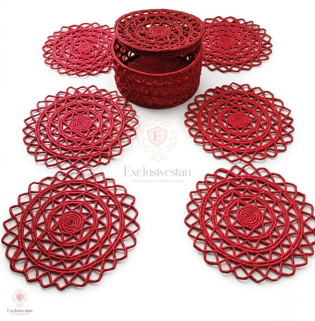 Classic Red Charm Netted Fruit Basket And Placemats (set of 6)