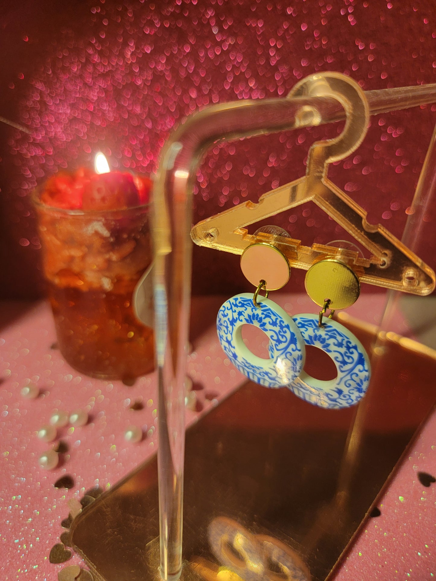 Blue and white floral earings