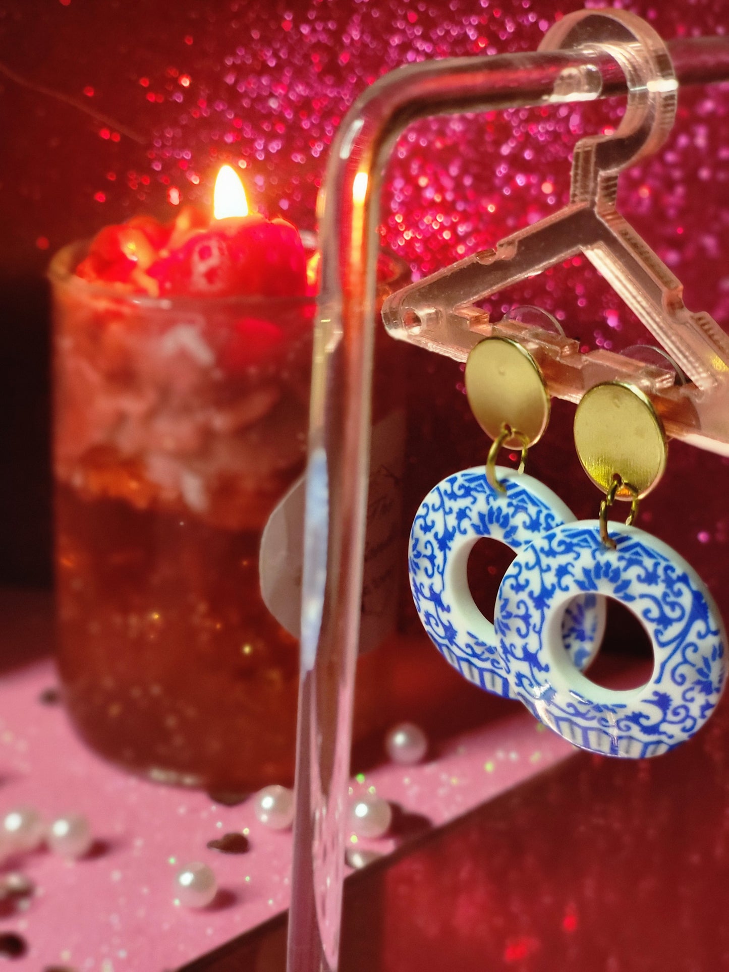 Blue and white floral earings