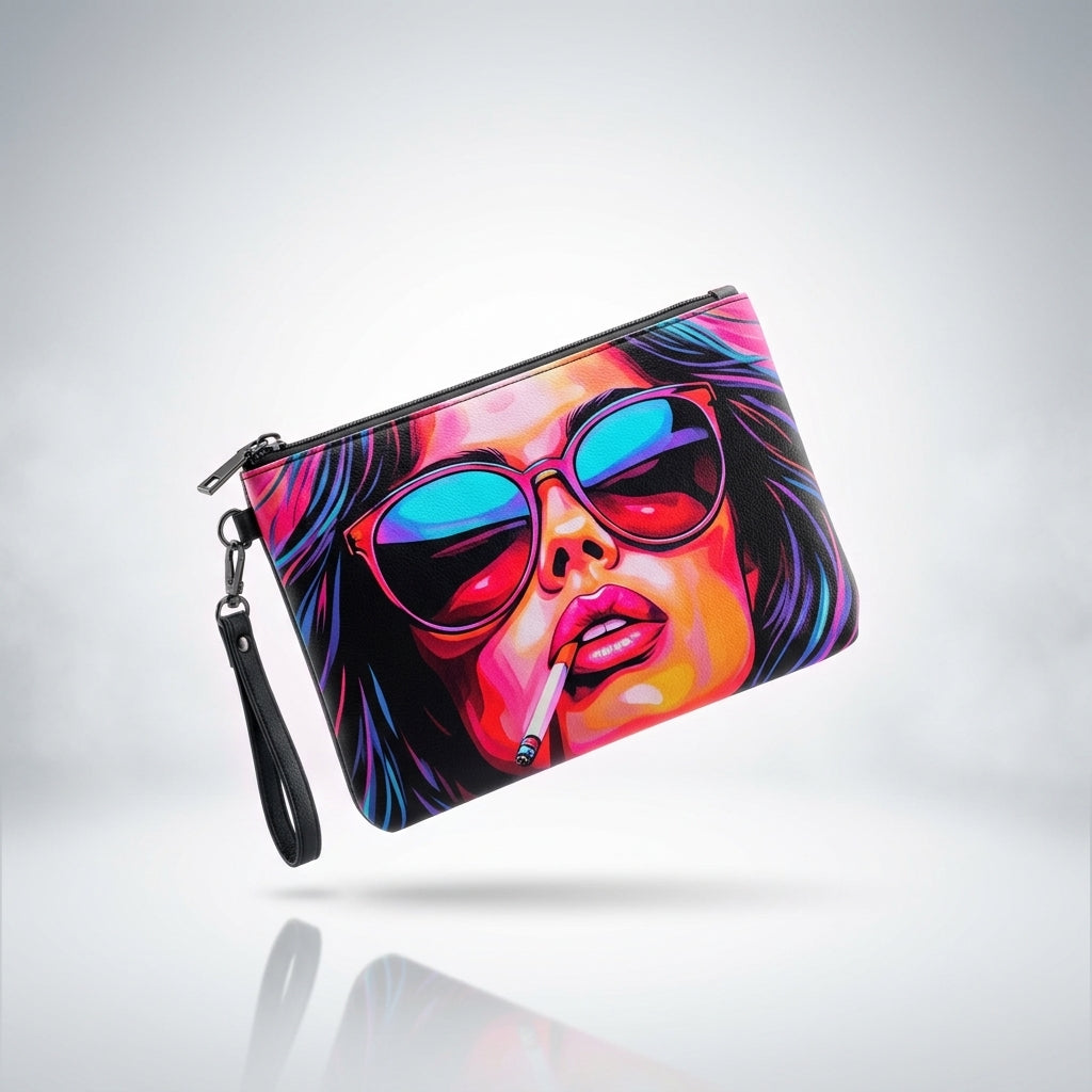 A zippered wristlet pouch with a colorful pop-art Exclusivestan print of a woman wearing sunglasses and smoking a cigarette, shown floating against a light gray gradient background.