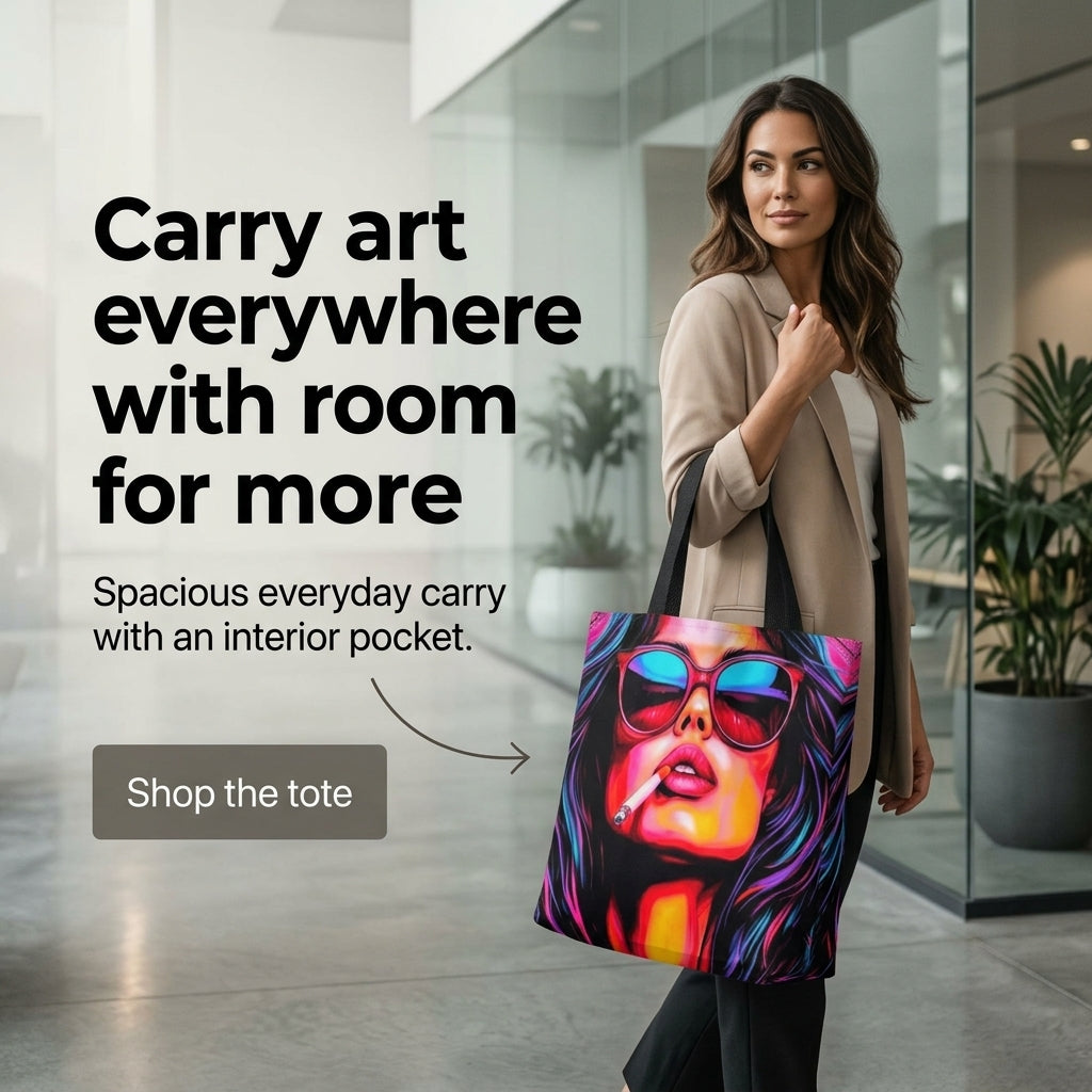 A woman in a beige blazer carries a large tote bag of Exclusivestan with a colorful graphic print of a woman wearing sunglasses and smoking a cigarette. The scene is set in a modern glass-walled interior with promotional text on the left.