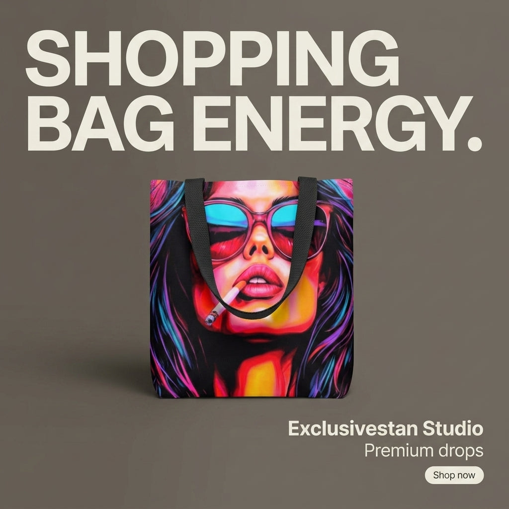A tote bag with a colorful graphic print of a woman wearing sunglasses, set against a dark gray background with promotional text reading 'SHOPPING BAG ENERGY.' and 'Exclusivestan Studio Premium drops.