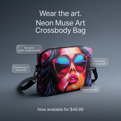 A crossbody bag of Exclusivestan  featuring a colorful pop-art style print of a woman wearing sunglasses and smoking a cigarette, shown on a dark gray background with promotional text overlays.