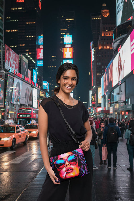 “Woman carrying The Smoky Midnight original-art crossbody bag of Exclusivestan at Times Square.”