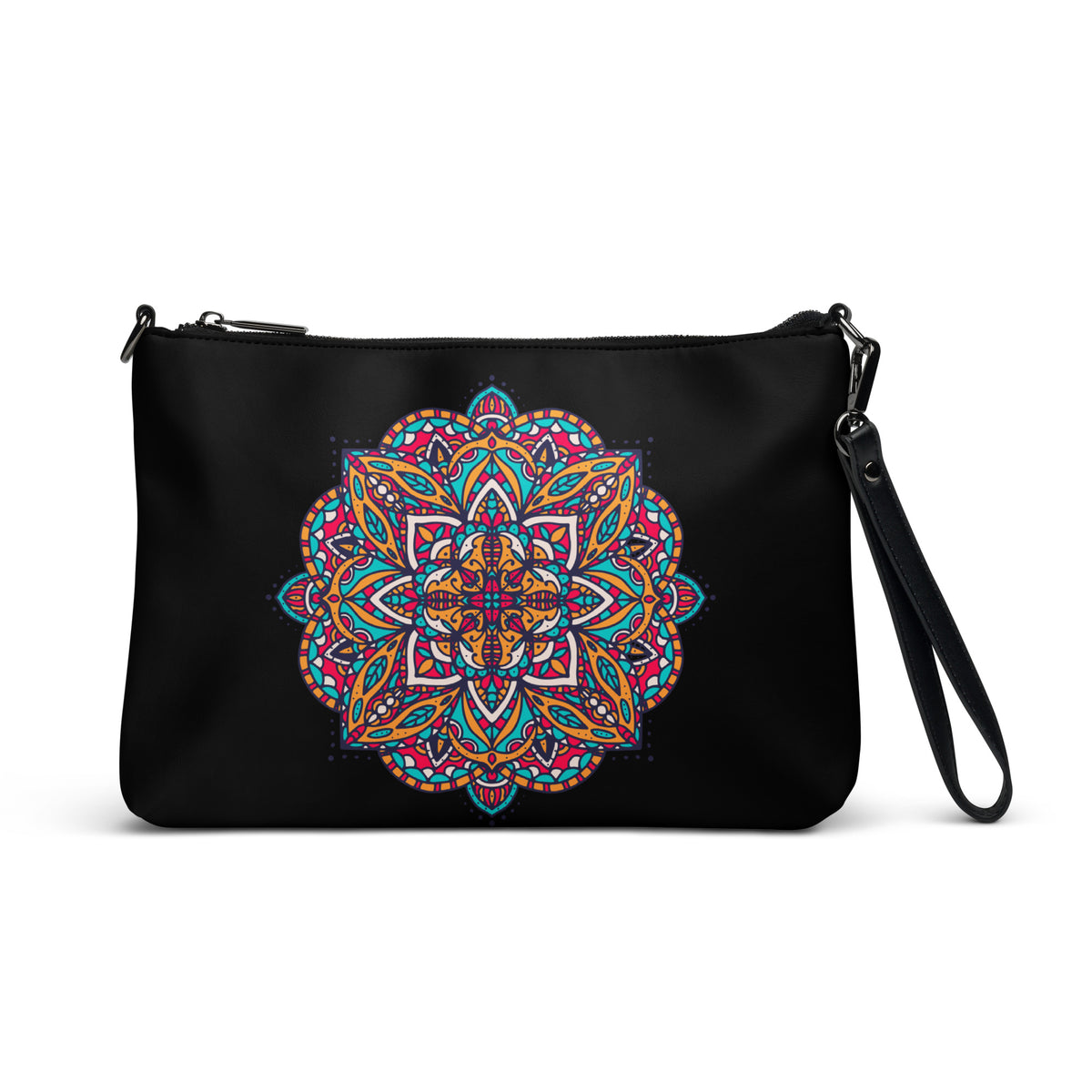 A black crossbody bag of Exclusivestan with a colorful mandala design printed on the front an back featuring a black  strap and zipper closure, set against a plain white background.