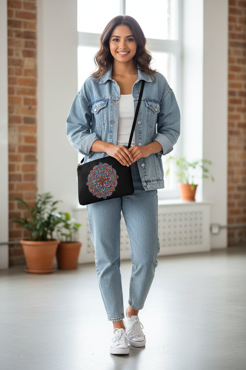 “Woman wearing a denim suit and carrying the Mandala Charm faux leather crossbody bag of Exclusivestan"