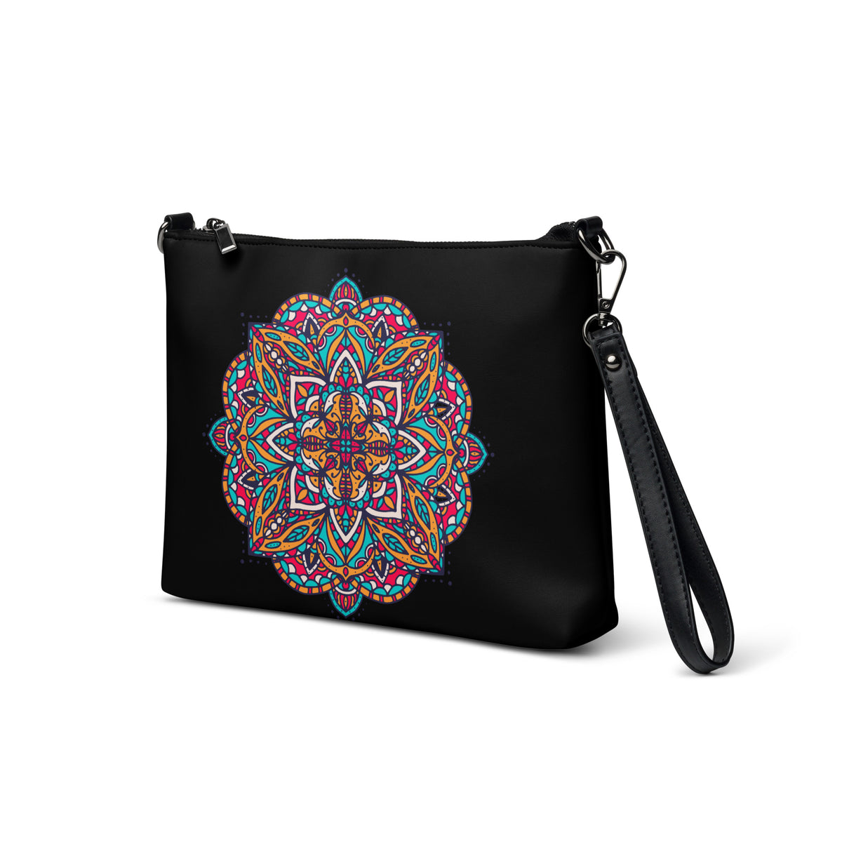 Black crossbody bag with a colorful mandala print of Exclusivestan on the front and a black strap, shown on a white background.