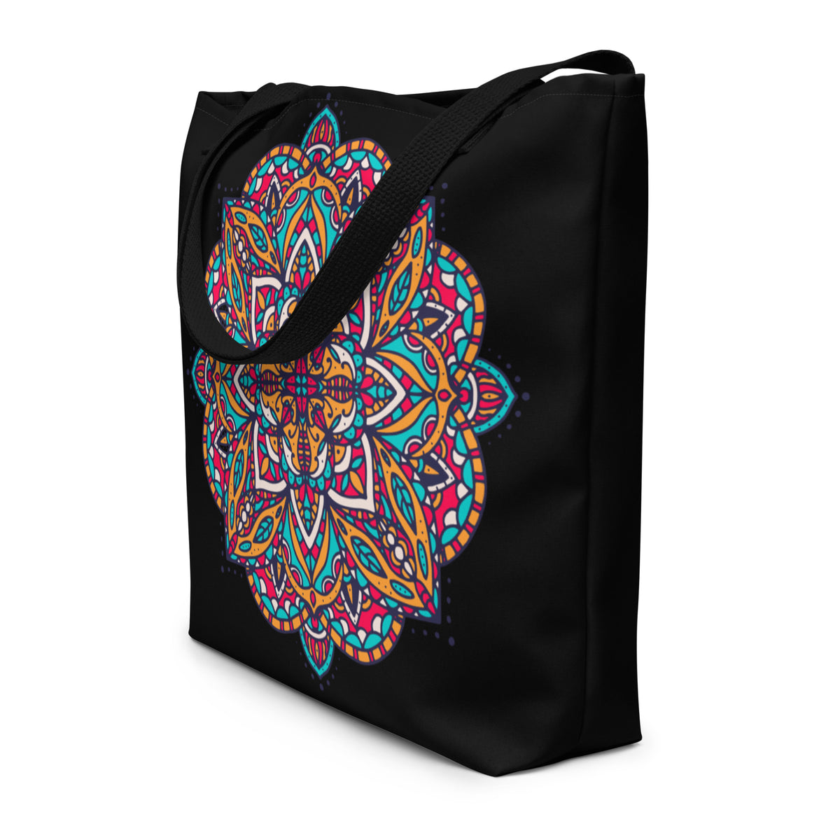 “The Mandala Tote of Exclusivestan on a white background, featuring a colorful mandala all-over print, 16 × 20 inch size and comfortable cotton webbing handles.”⠋

oduct mockup
