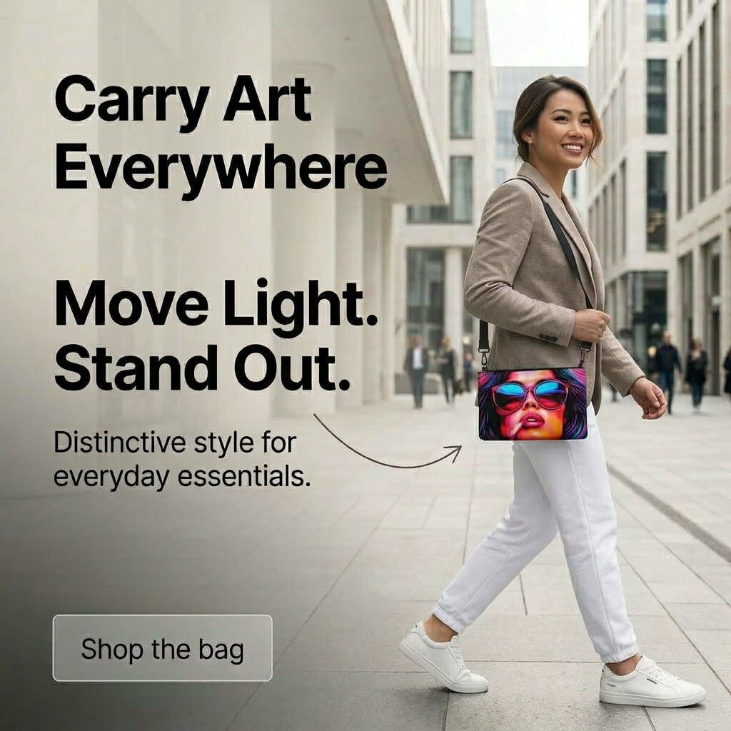 A woman walking in a modern city street carries a Exclusivestan's cross shoulder bag with a colorful graphic print. Large promotional text on the left reads 'Carry Art Everywhere', 'Move Light.