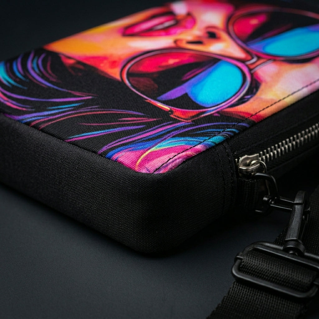 Close-up of a black zippered cross bag of Exclusivestan with a colorful printed graphic of sunglasses and hair on the flap, shown on a dark surface with part of a black strap visible.