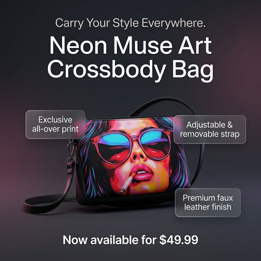 A promotional product image for a crossbody bag of Exclusivestan  featuring a colorful neon-style art print of a woman wearing sunglasses. The bag has a black strap and trim with text callouts reading 'Exclusive all-over print,' 'Adjustable & removable strap,' and 'Premium faux leather finish,' plus headline text 'Neon Muse Art Crossbody Bag' and pricing at the bottom.