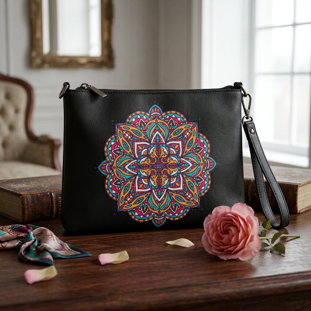 A black faux leather crossbody bag of Exclusivestan with a large, colorful mandala pattern on the front, displayed on a wooden table with a pink rose and books in a softly lit room.