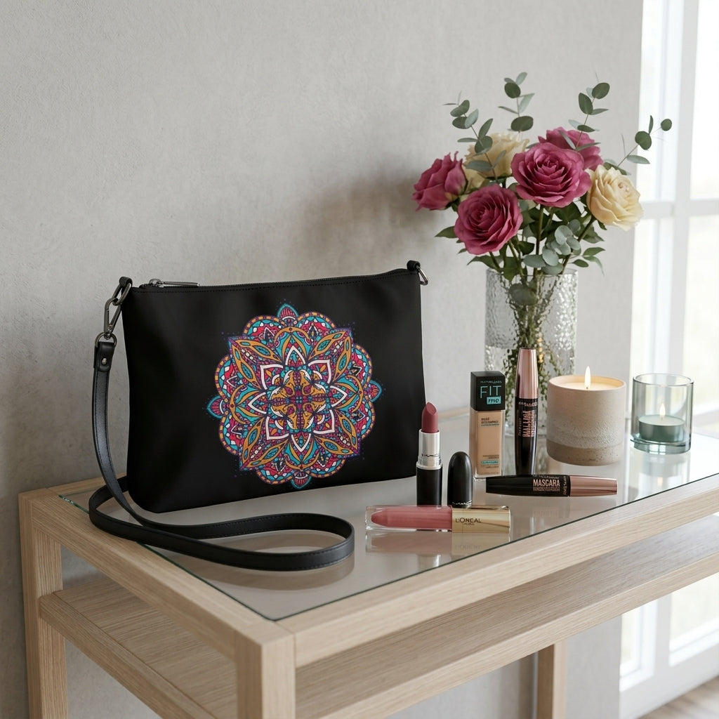 A black crossbody bag of Exclusivestan with a colorful mandala print on the front, styled on a glass-topped table next to makeup, a vase of roses, and a candle.