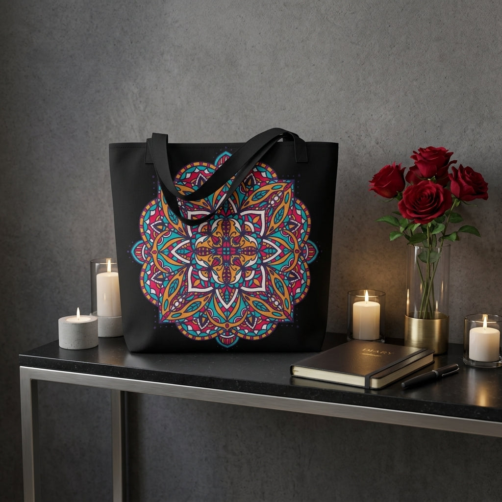A black tote bag with a large, colorful mandala pattern on the front, displayed on a dark table next to candles, red roses, and a notebook. its from Exclusivestan