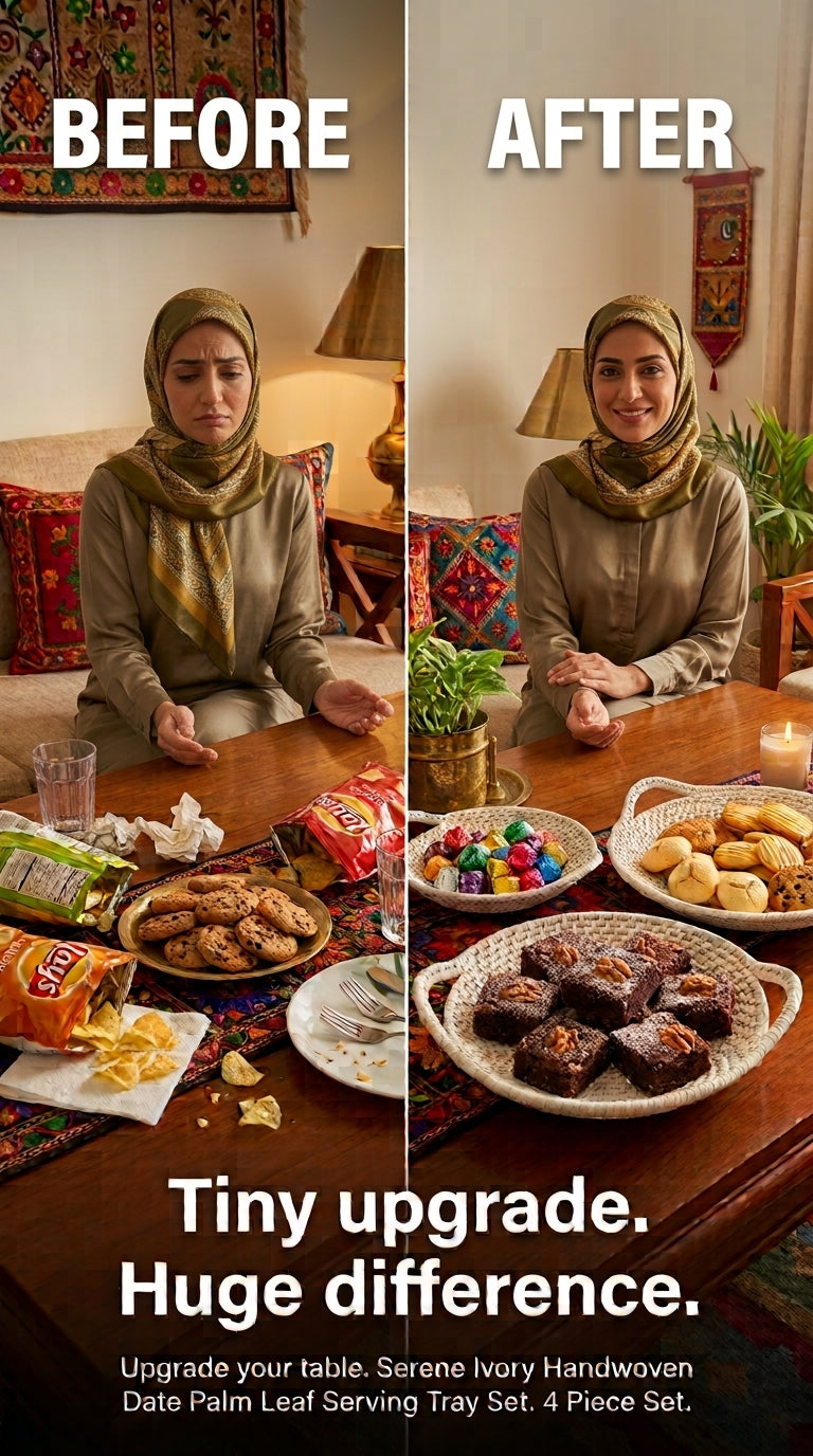طقم صواني تقديم منسوجة يدوياً من سعف النخيل العاجي "سيرين"