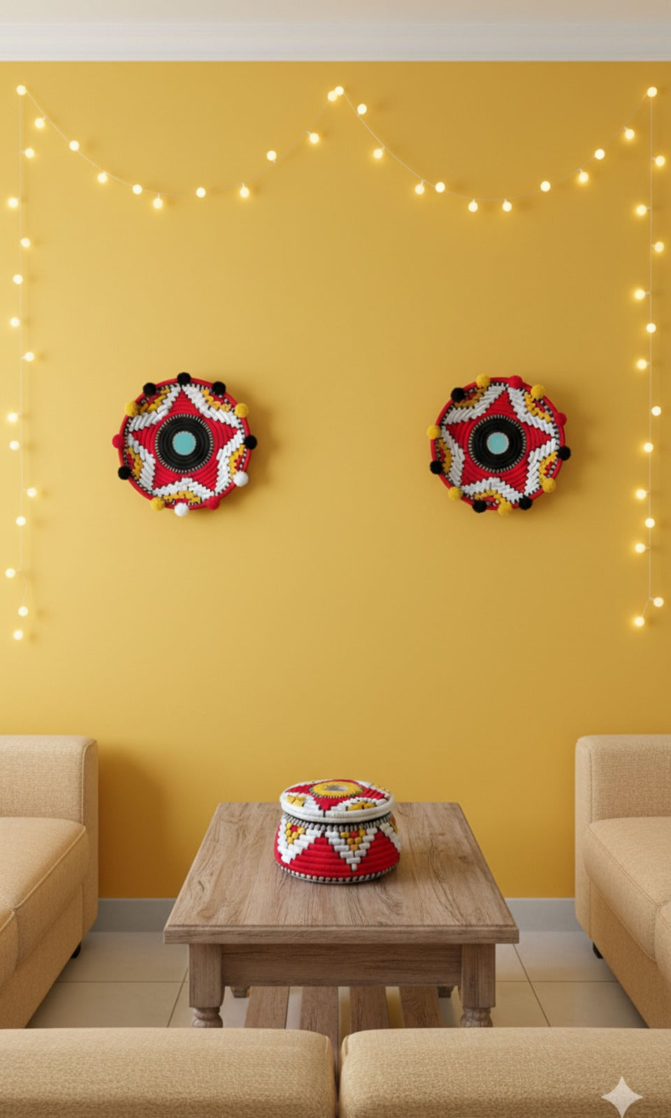 Bohemian palm leaf basket with 2 hangings