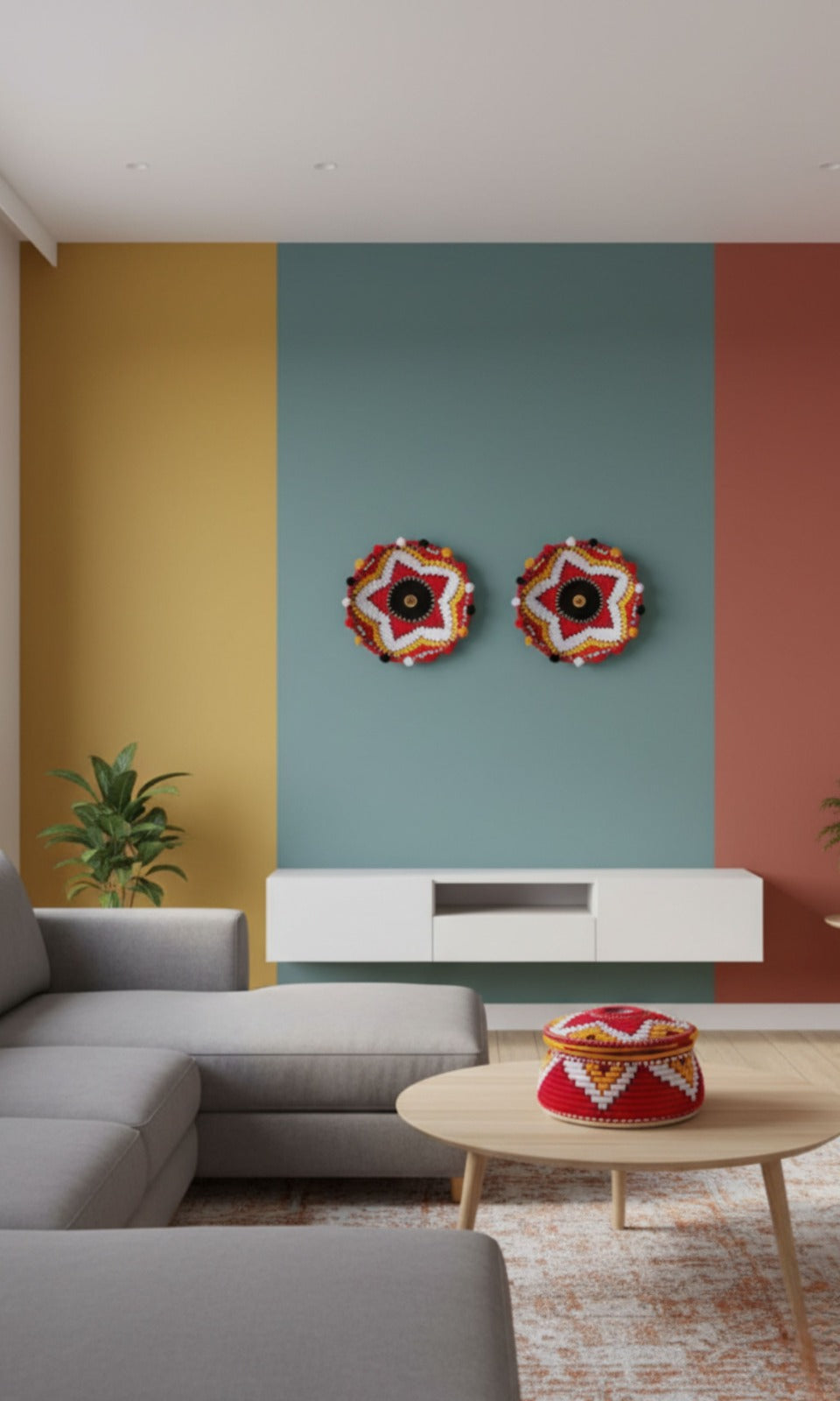 Bohemian palm leaf basket with 2 hangings