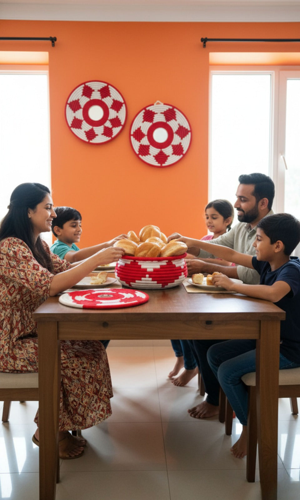 Handwoven palm red and white tribal basket with 2 hangings