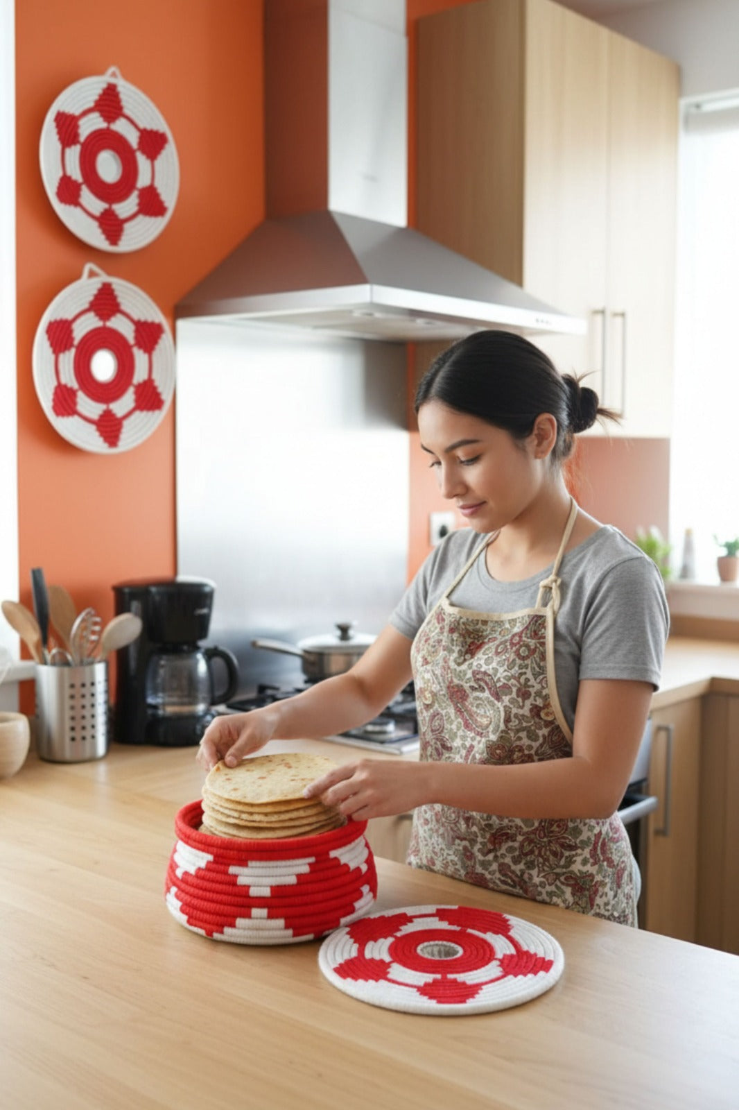 Handwoven palm red and white tribal basket with 2 hangings