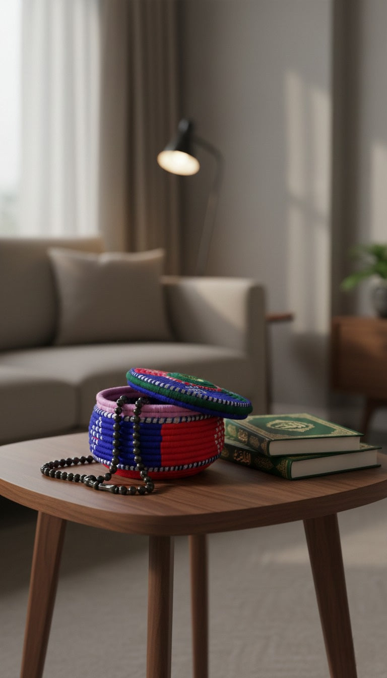 Multicolor Handwoven Palm Leaf Storage Basket with Lid