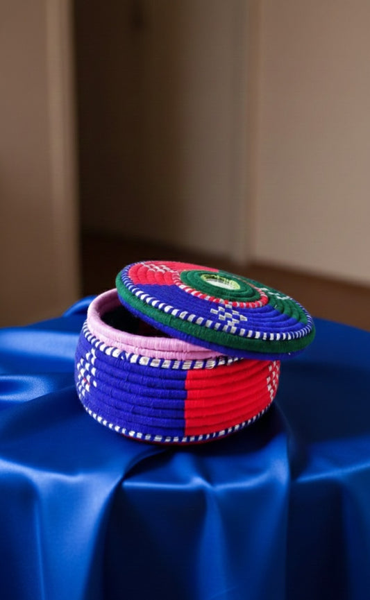 Multicolor Handwoven Palm Leaf Storage Basket with Lid