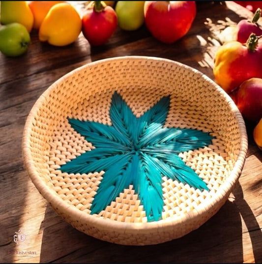 Handwoven Date Palm Basket with Turquoise Star Design