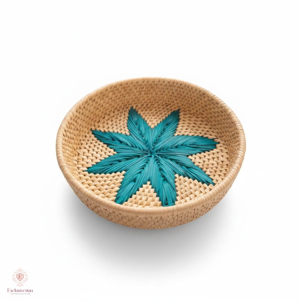 Handwoven Date Palm Basket with Turquoise Star Design