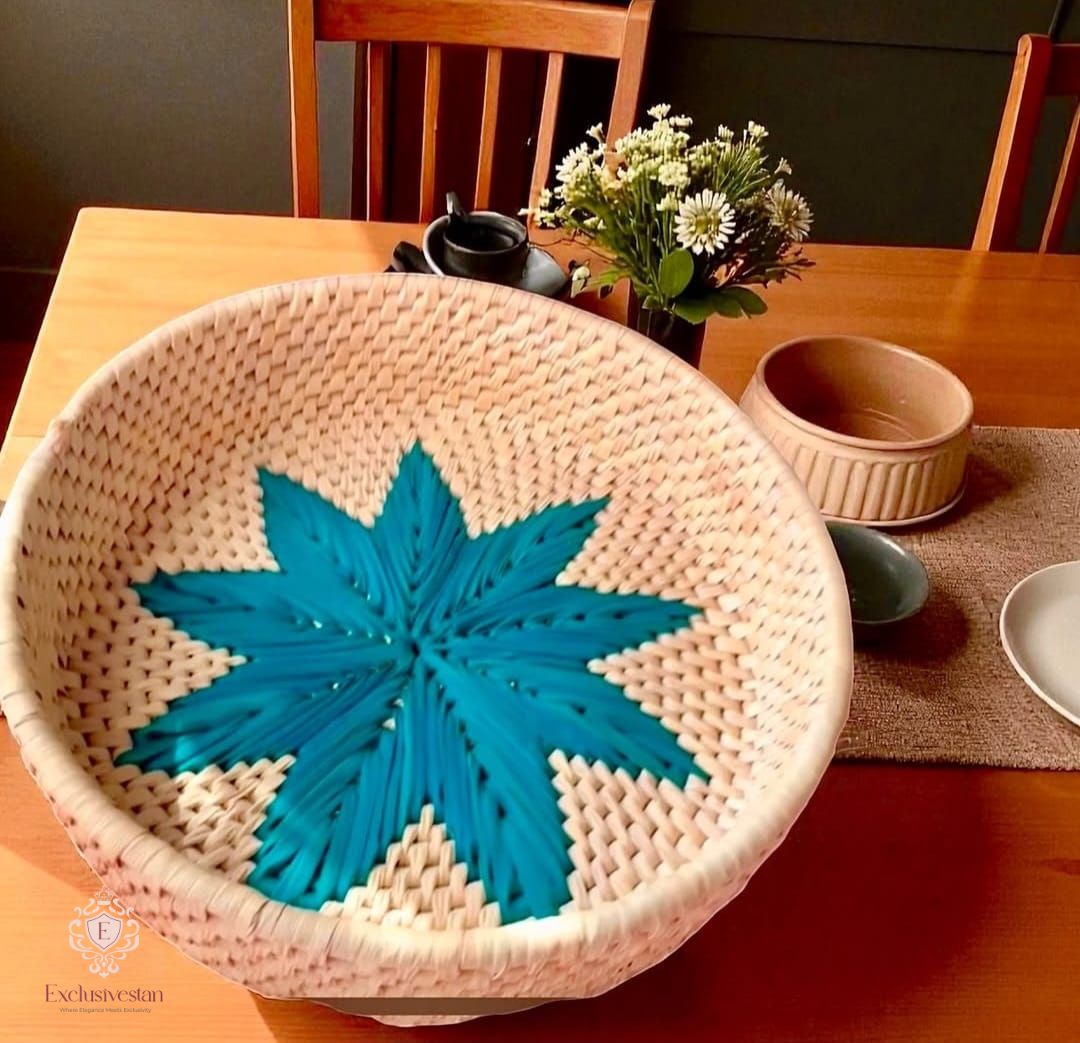 Handwoven Date Palm Basket with Turquoise Star Design