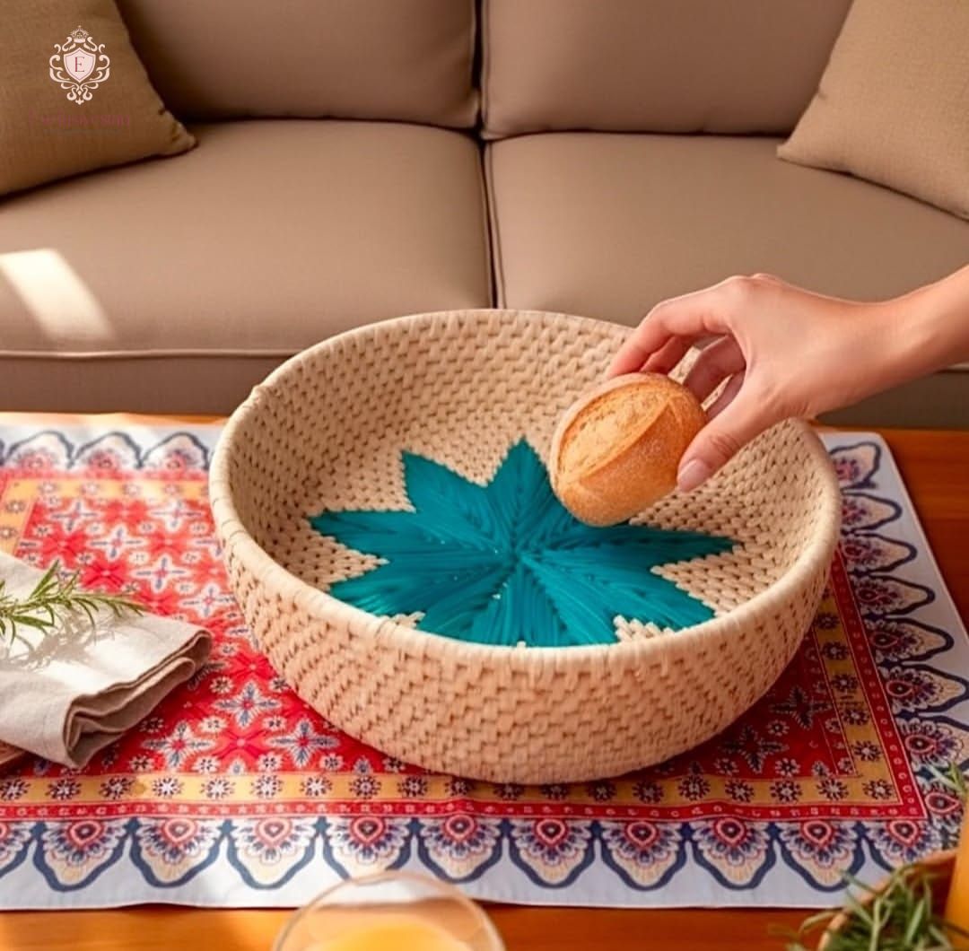 Handwoven Date Palm Basket with Turquoise Star Design