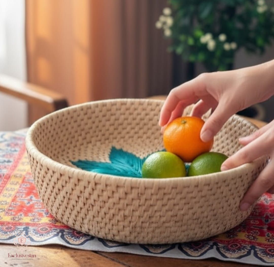 Handwoven Date Palm Basket with Turquoise Star Design