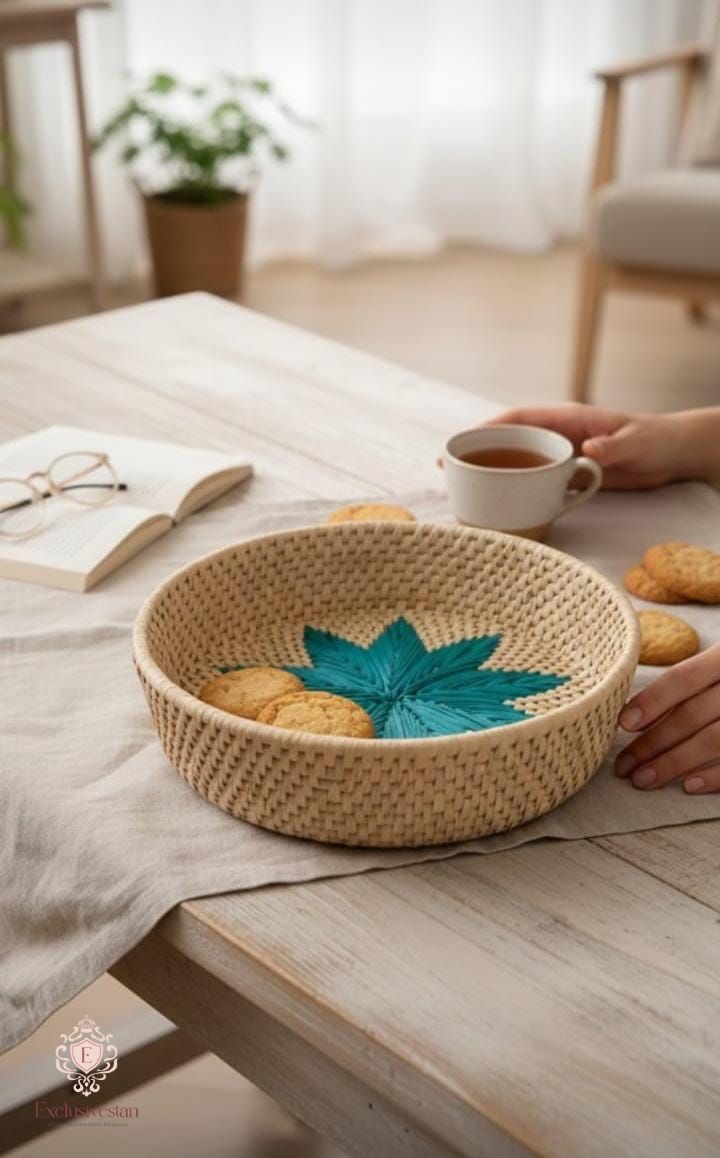 Handwoven Date Palm Basket with Turquoise Star Design