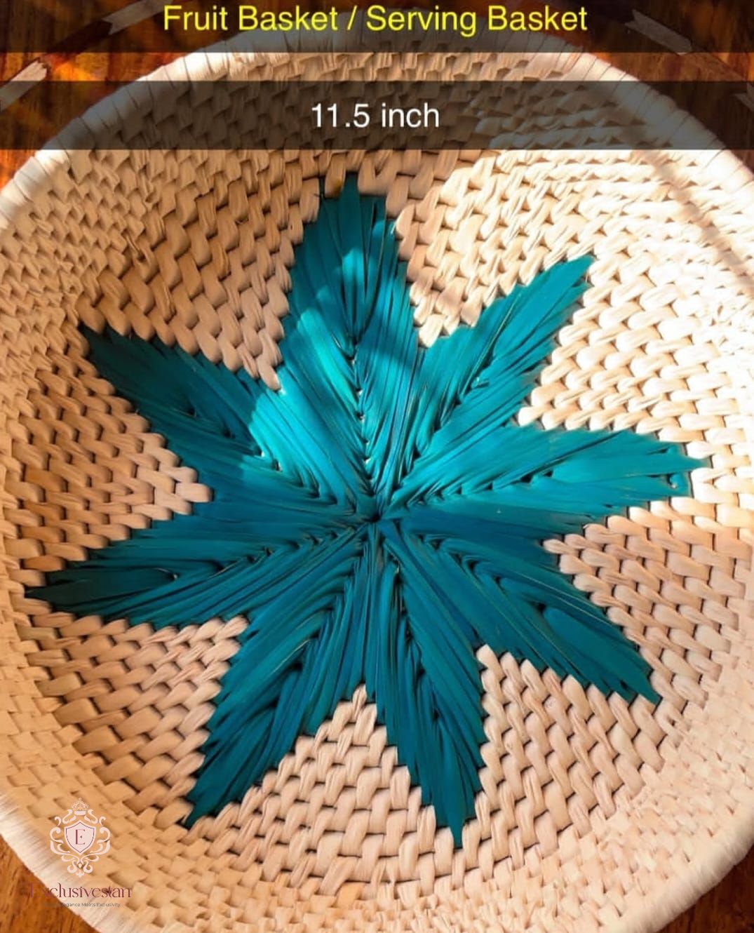 Handwoven Date Palm Basket with Turquoise Star Design