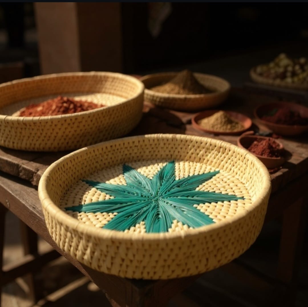 Handwoven Date Palm Basket with Turquoise Star Design