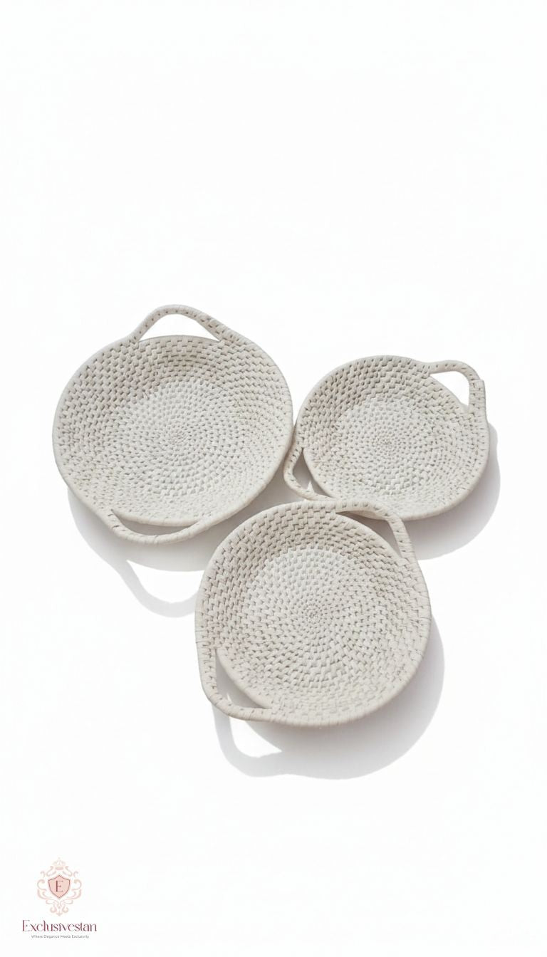 Serene Ivory Handwoven Date Palm Leaf Serving Tray Set