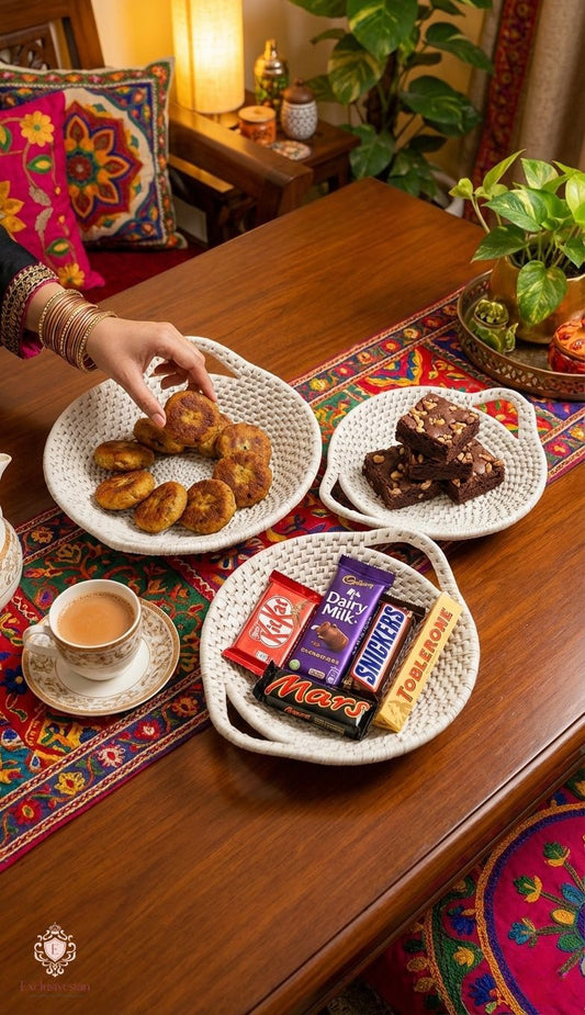 Serene Ivory Handwoven Date Palm Leaf Serving Tray Set