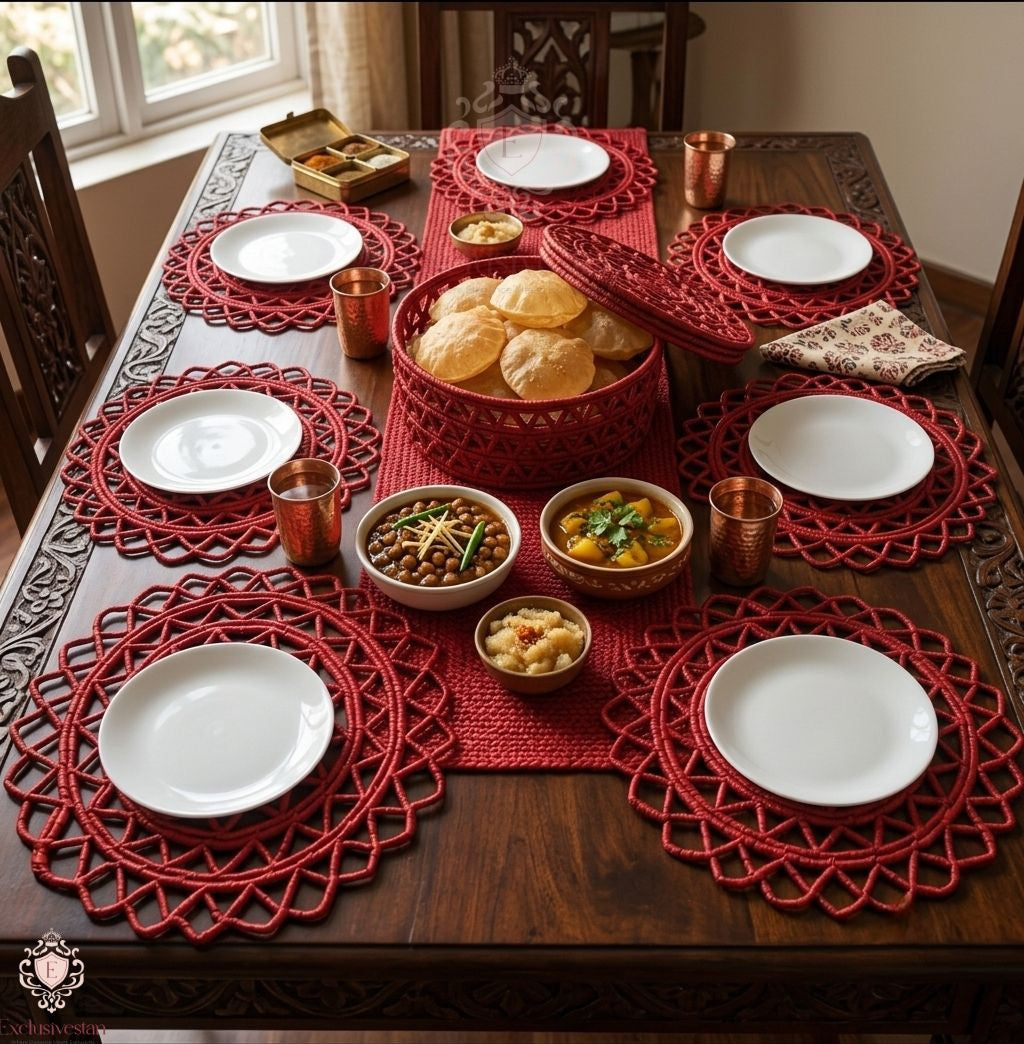 Classic Red Charm Netted Fruit Basket And Placemats (set of 6)