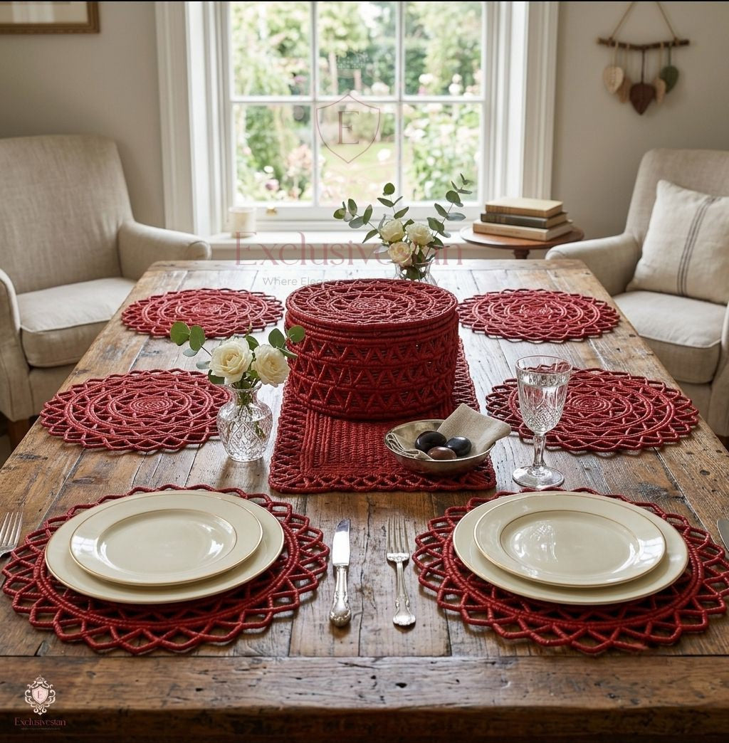 Classic Red Charm Netted Fruit Basket And Placemats (set of 6)