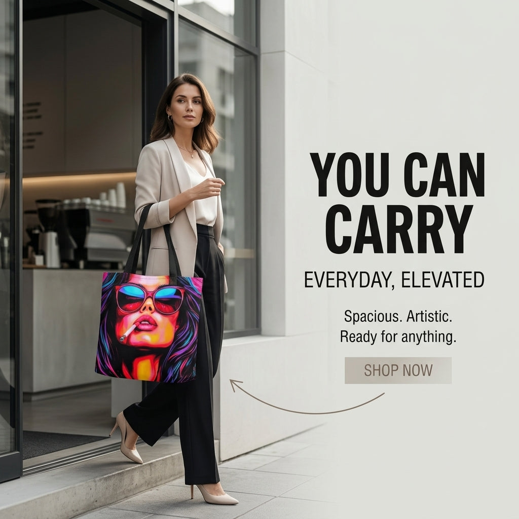 A woman stands outside a modern building holding a large tote bag by Exclusivestan with a colorful graphic print of a woman wearing sunglasses. The right side of the image features promotional text reading 'YOU CAN CARRY EVERYDAY, ELEVATED' and a 'SHOP NOW' button.