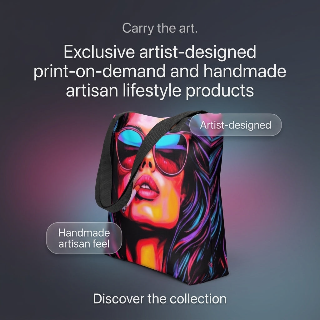 Exclusivestan Artistry Tote poster showing the original artist-designed neon print A tote bag featuring a colorful, stylized portrait of a woman wearing sunglasses, shown against a dark gradient background with promotional text overlays.