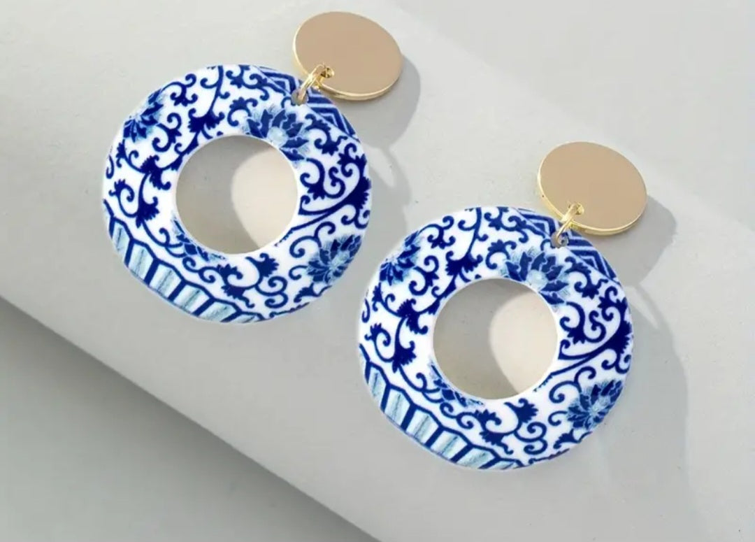 Blue and white floral earings