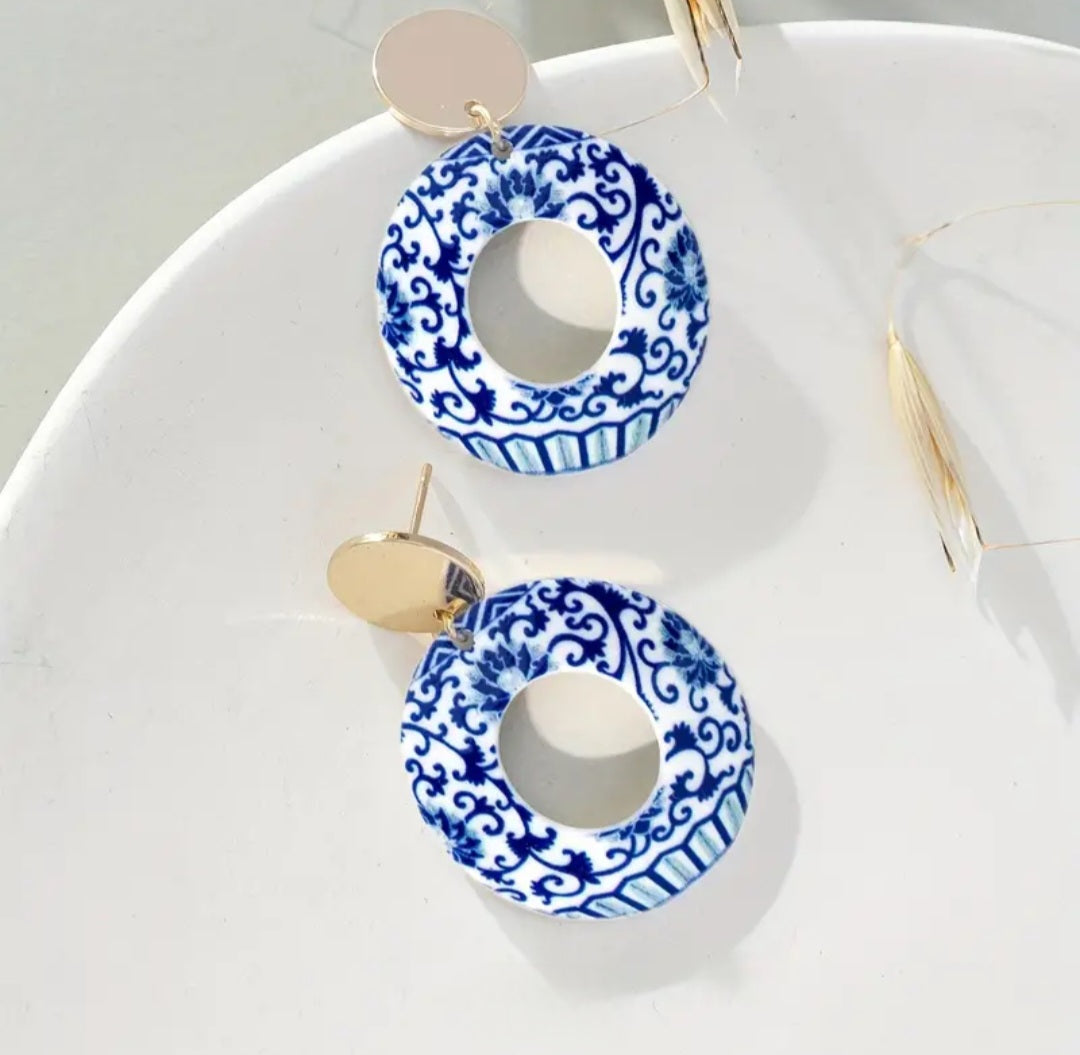 Blue and white floral earings