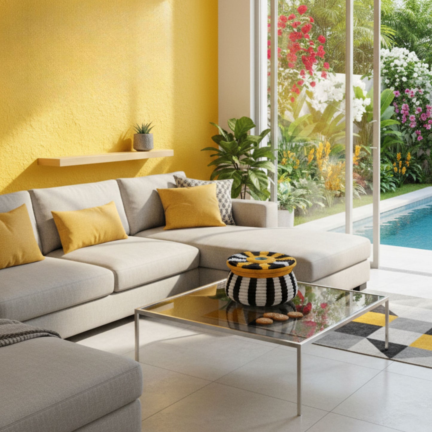 Handwoven Basket and Wall hanging set --- Black, White and Mustard