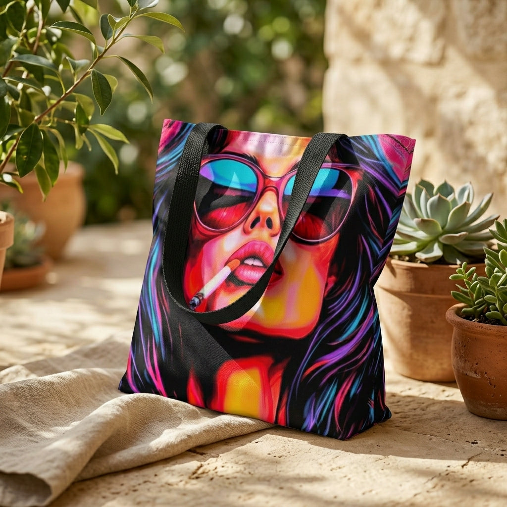 The Artistry Tote by Exclusivestan with original all-over artwork print and cotton denim handles featuring a vibrant, colorful graphic print of a woman wearing sunglasses and holding a cigarette. The bag is styled outdoors on a stone patio with potted plants and a beige cloth.
