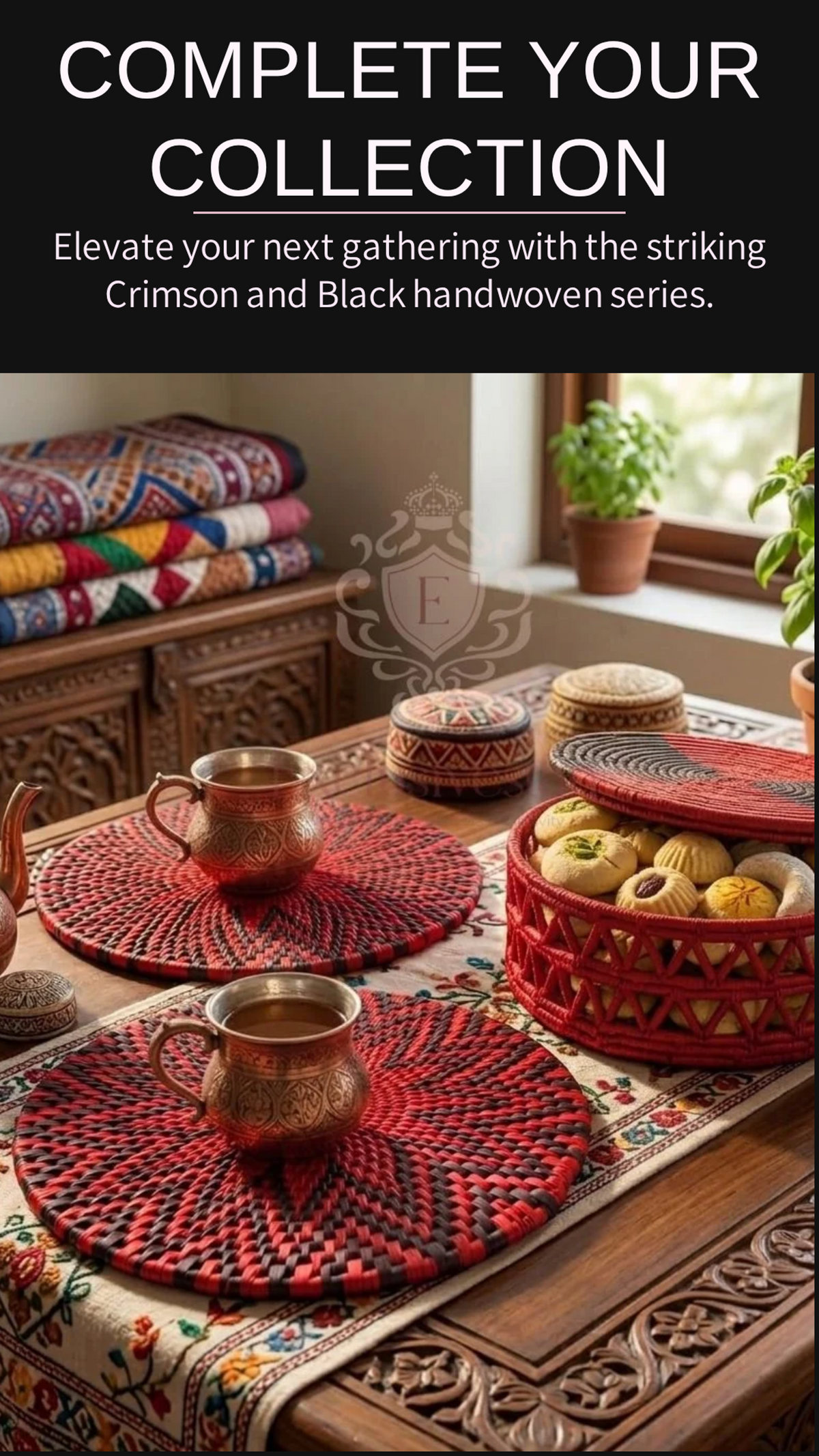 طقم طعام ملكي أحمر وأسود (سلة ومفروشان للمائدة)